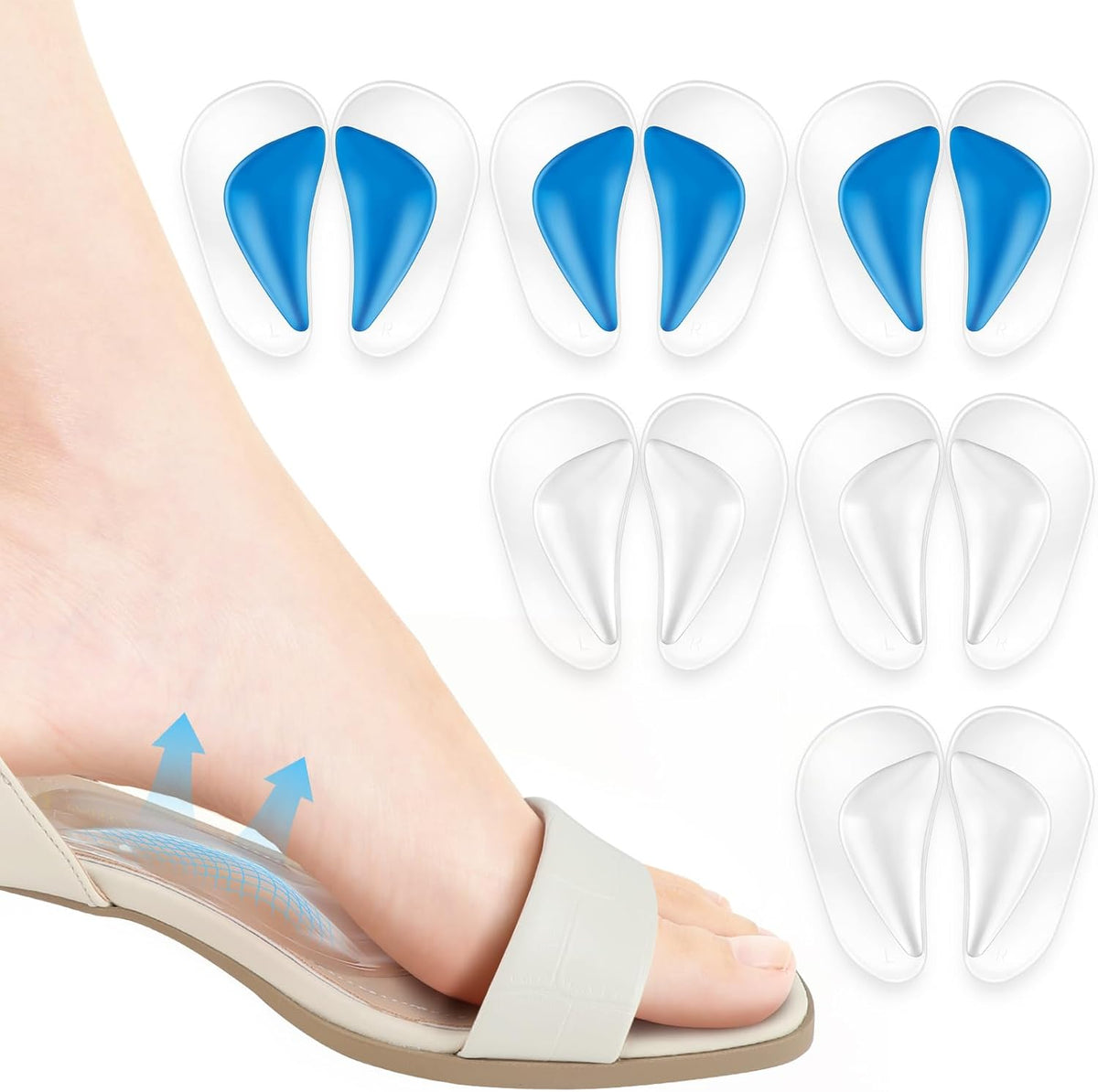 Womens Gel Arch Support Insole Shoe Cushions, Comfort Pad - Multi Pack