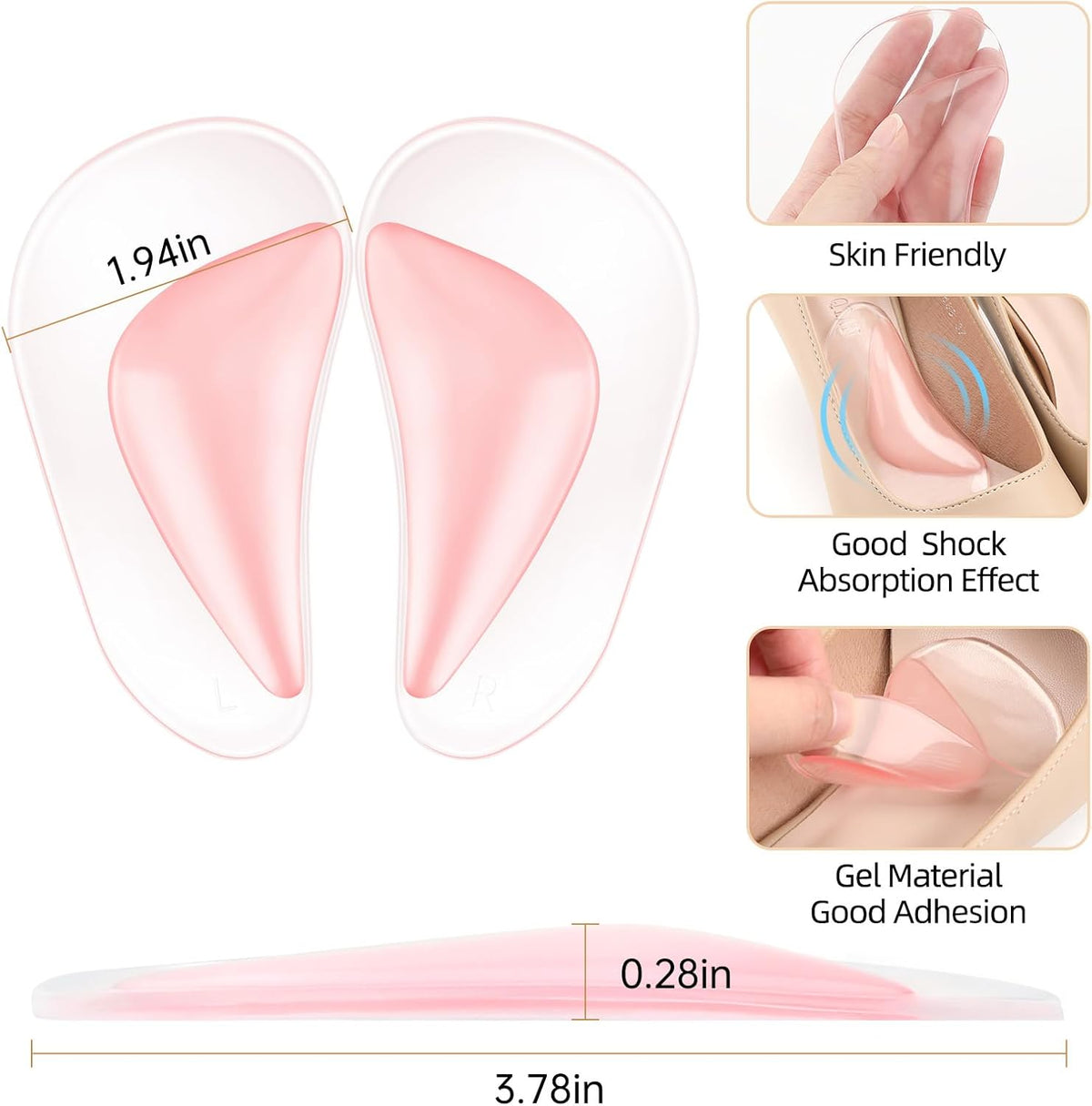Womens Gel Arch Support Insole Shoe Cushions, Comfort Pad - Multi Pack