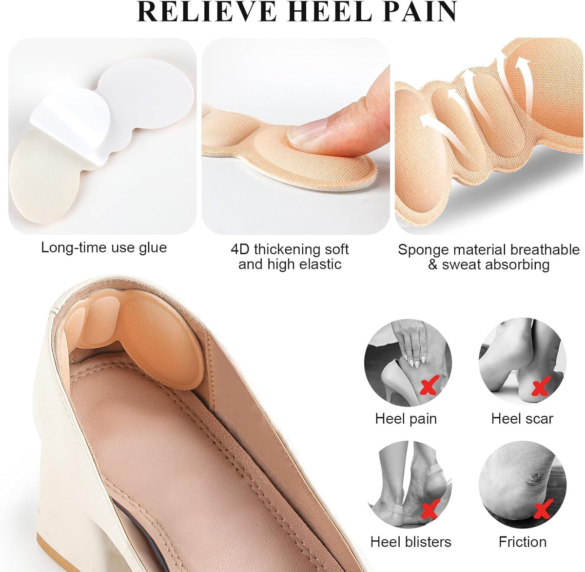 Microfiber Heel Cushion Back Shoe Liner Grips for Sore Heel &amp; Blisters – 8 Pieces